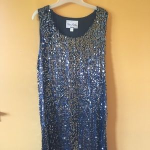 Knee-length silver sequin shift dress
